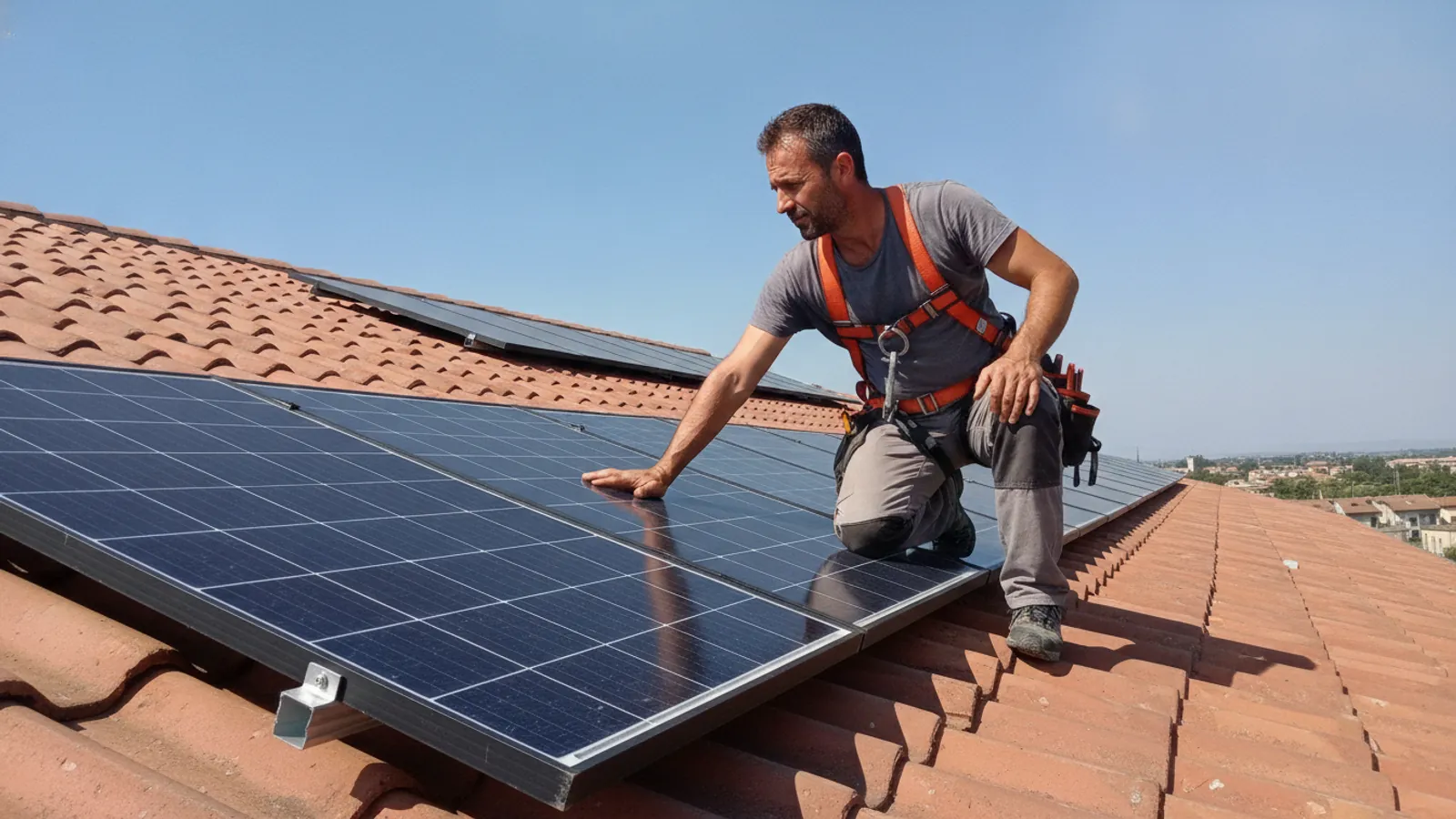 Tecnico installatore al lavoro su un impianto fotovoltaico su tetto